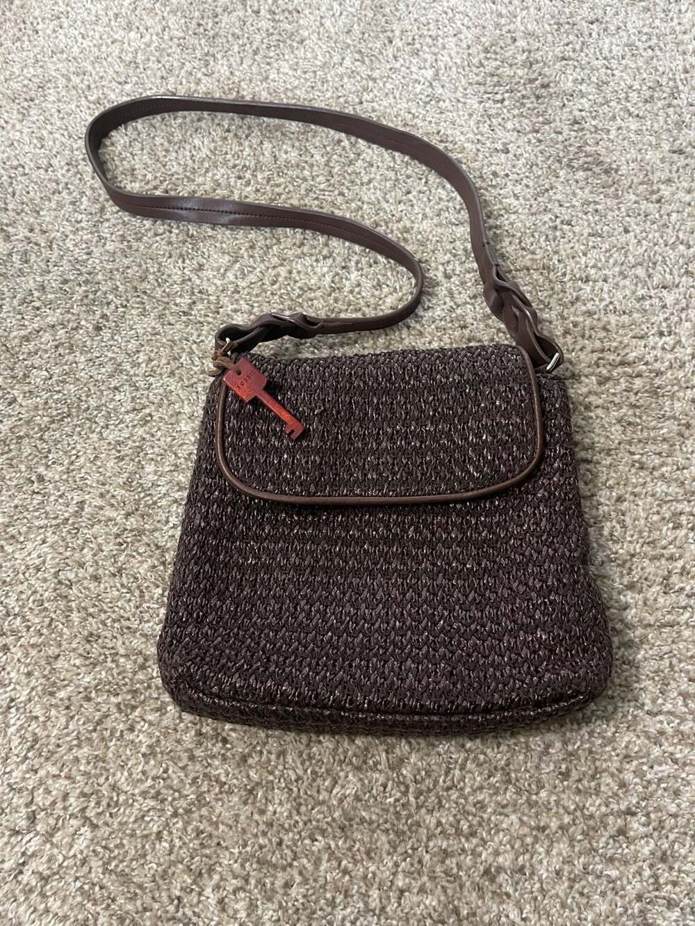 Fossil Vintage 75082 Brown Woven Crossbody Bag with Leather Trim and Key Charm